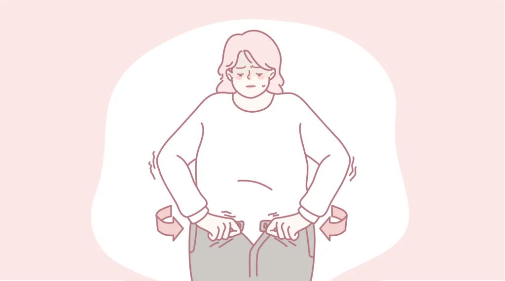 뱃살로 불편함을 겪는 갱년기 여성 일러스트