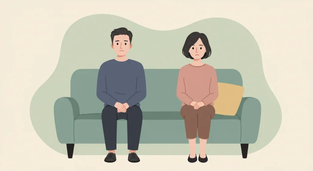 갱년기를 맞은 40대 중년 부부가 기운없는 표정으로 소파에 앉아 있는 일러스트레이션